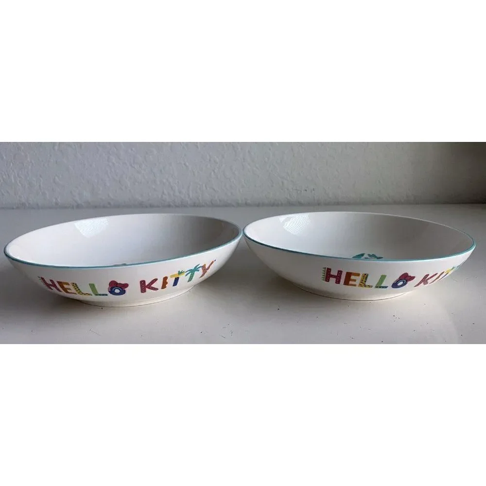 Set Of 2 Sanrio Hello Kitty Beach Summer Tropical Ceramic Pasta Dinner Bowls NEW